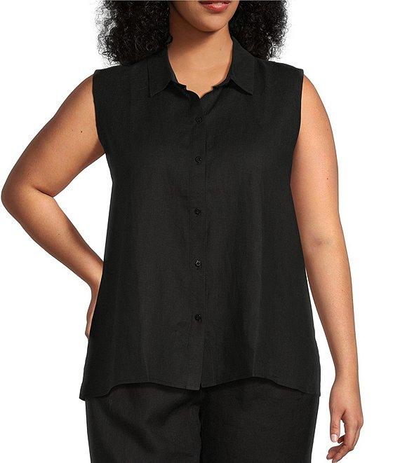 Eileen Fisher Plus Organic Handkerchief Linen Point Collar Sleeveless Button Front Shirt Product Image