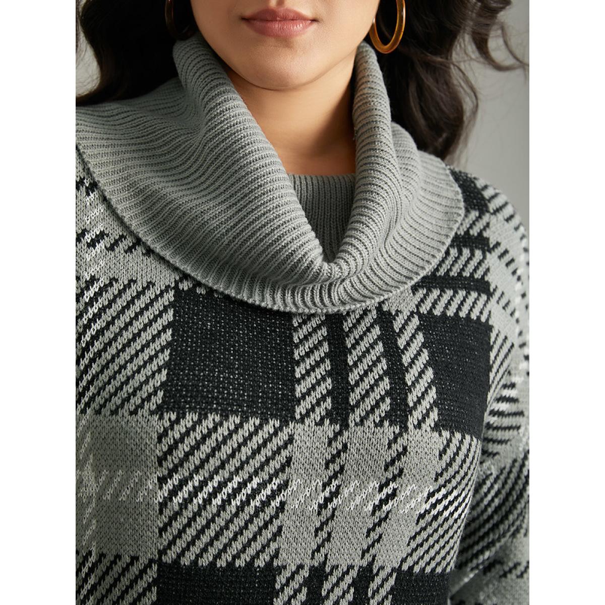 Plus Size Plaid Turtle Neck Drop Shoulder Pullover Multicolor Women Casual Loose Long Sleeve Turtleneck Dailywear Pullovers BloomChic 26/4X Product Image