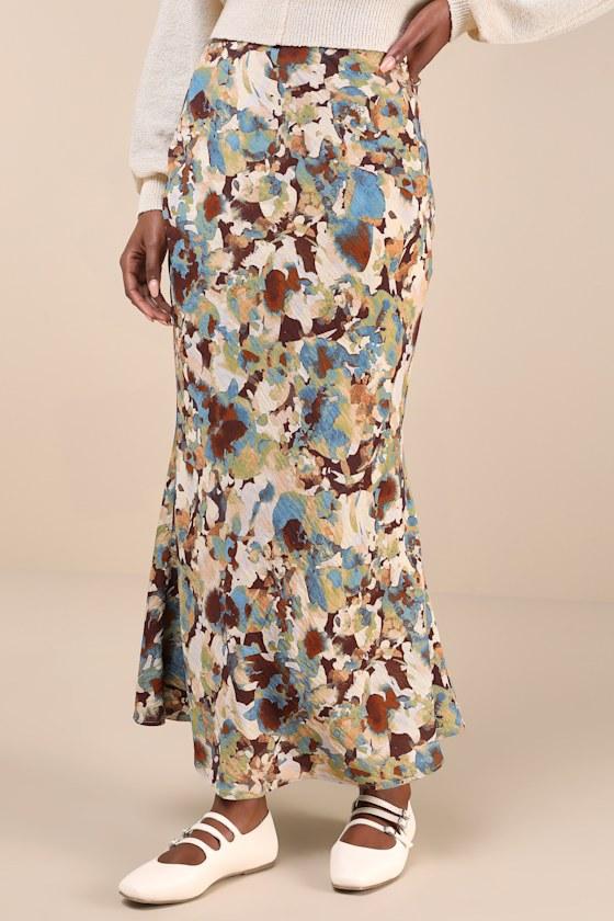 Stylish Option Beige Multi Abstract Floral Midi Skirt Product Image