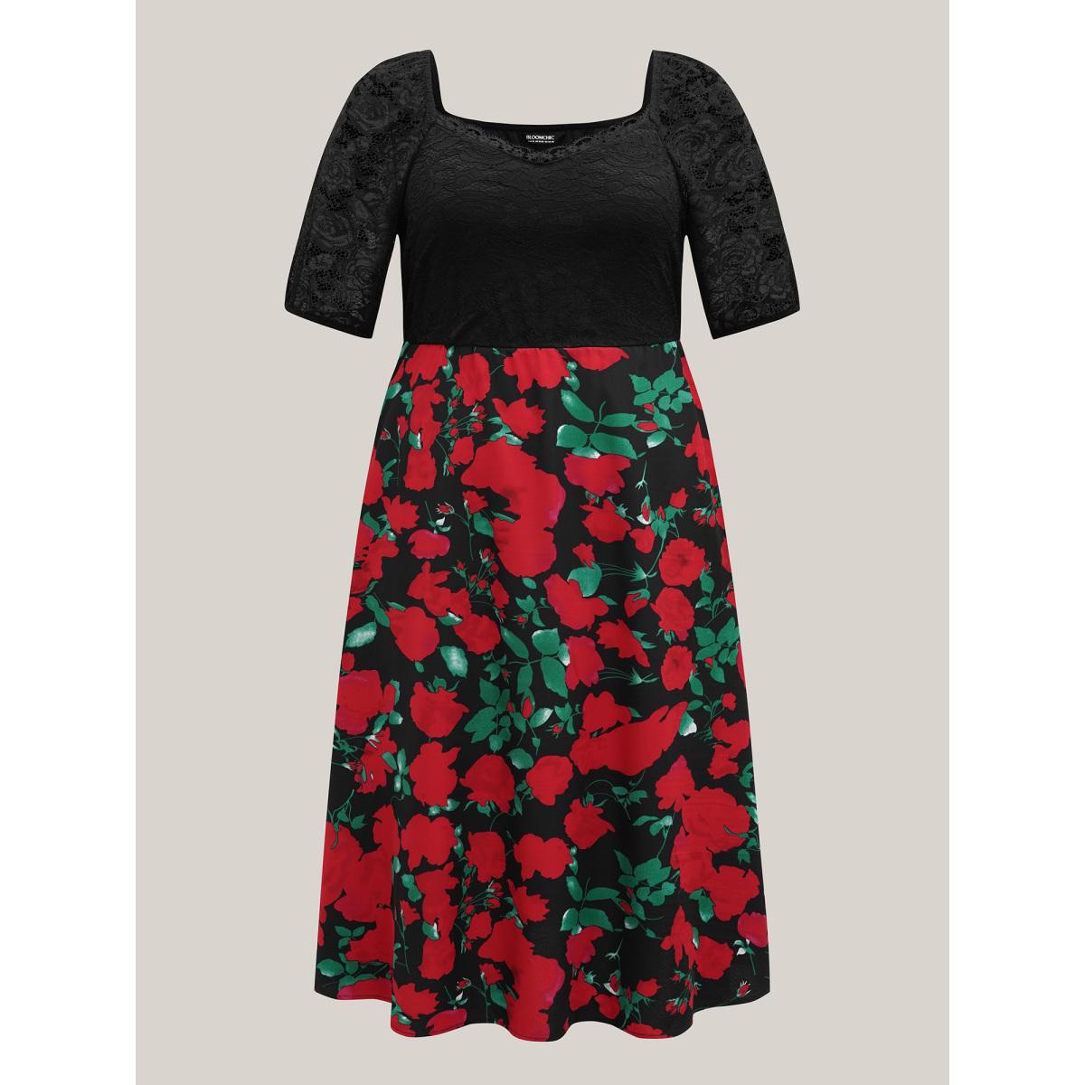 Plus Size Mix Print Sheer Lace Sleeve Maxi Dress Black Women Elegant Woven ribbon&lace trim Heart neckline Short sleeve Curvy BloomChic 28/5X Product Image