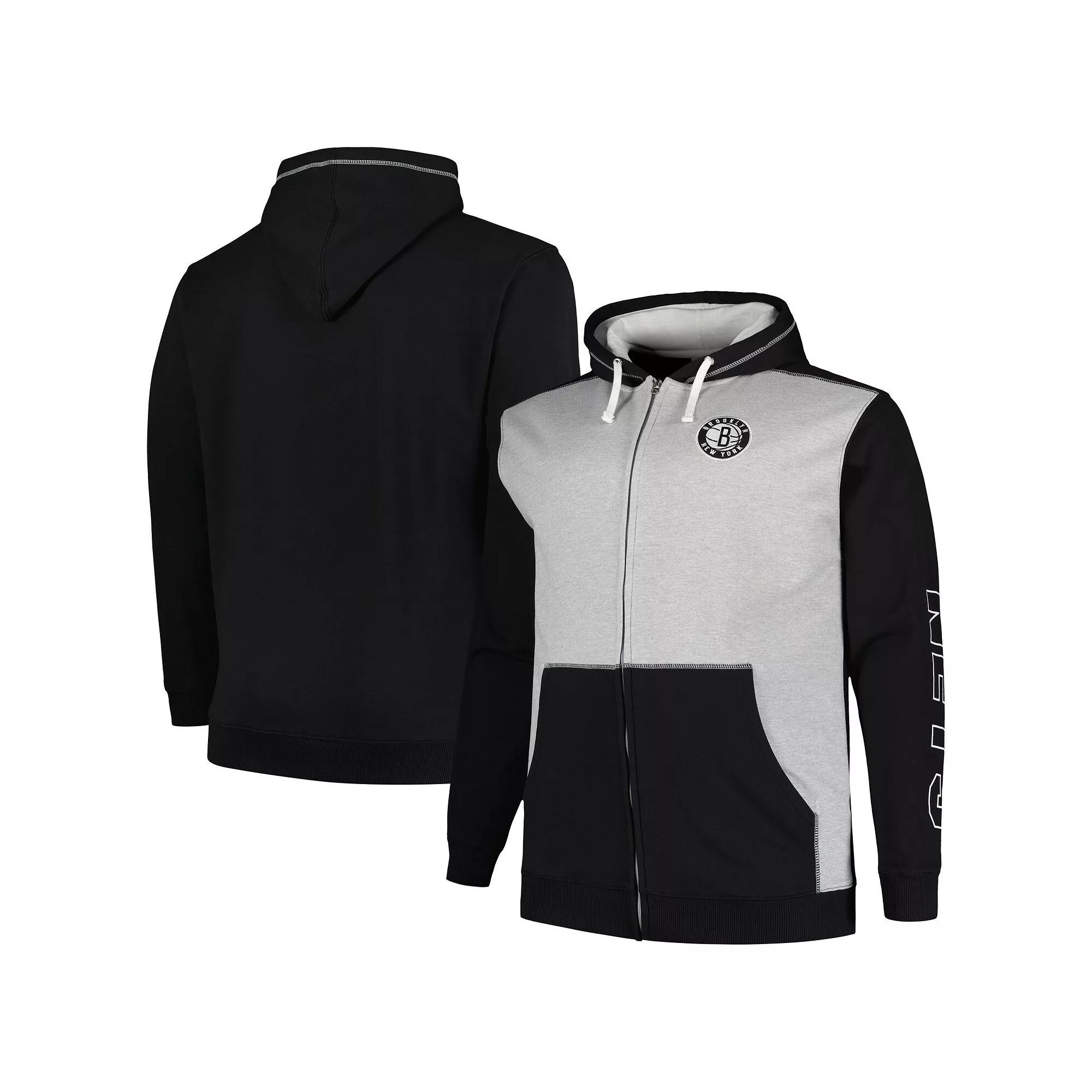 Men's Fanatics Branded Black/Heather Gray Brooklyn Nets Big & Tall Contrast Pieced Stitched Full-Zip Hoodie,  Product Image