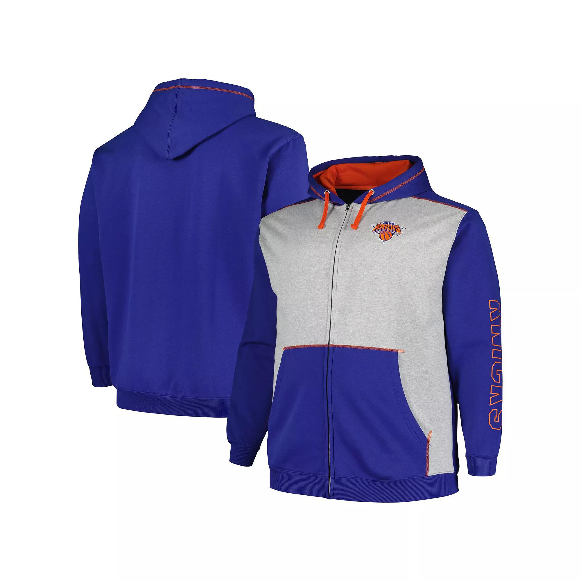 Men's Fanatics Branded Blue/Heather Gray New York Knicks Big & Tall Contrast Pieced Stitched Full-Zip Hoodie, Size: 2XB Product Image