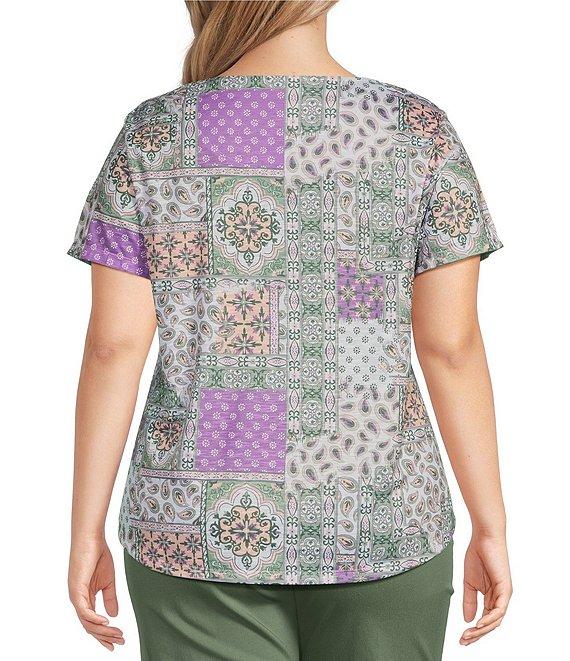 Allison Daley Plus Size Embellished Paisley Patch Print Short Sleeve Keyhole Neck Knit Top Product Image