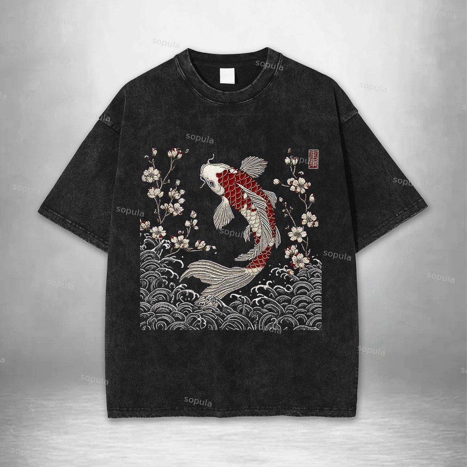 Vintage Sakura And Koi Washed T-shirt Product Image