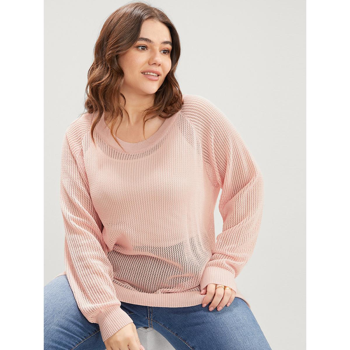 Plus Size Plain Ice Rayon Yarn Mesh Round Neck Eyelet Knit Top Crepe Women Casual Loose Long Sleeve Round Neck Dailywear Pullovers BloomChic 12/L Product Image