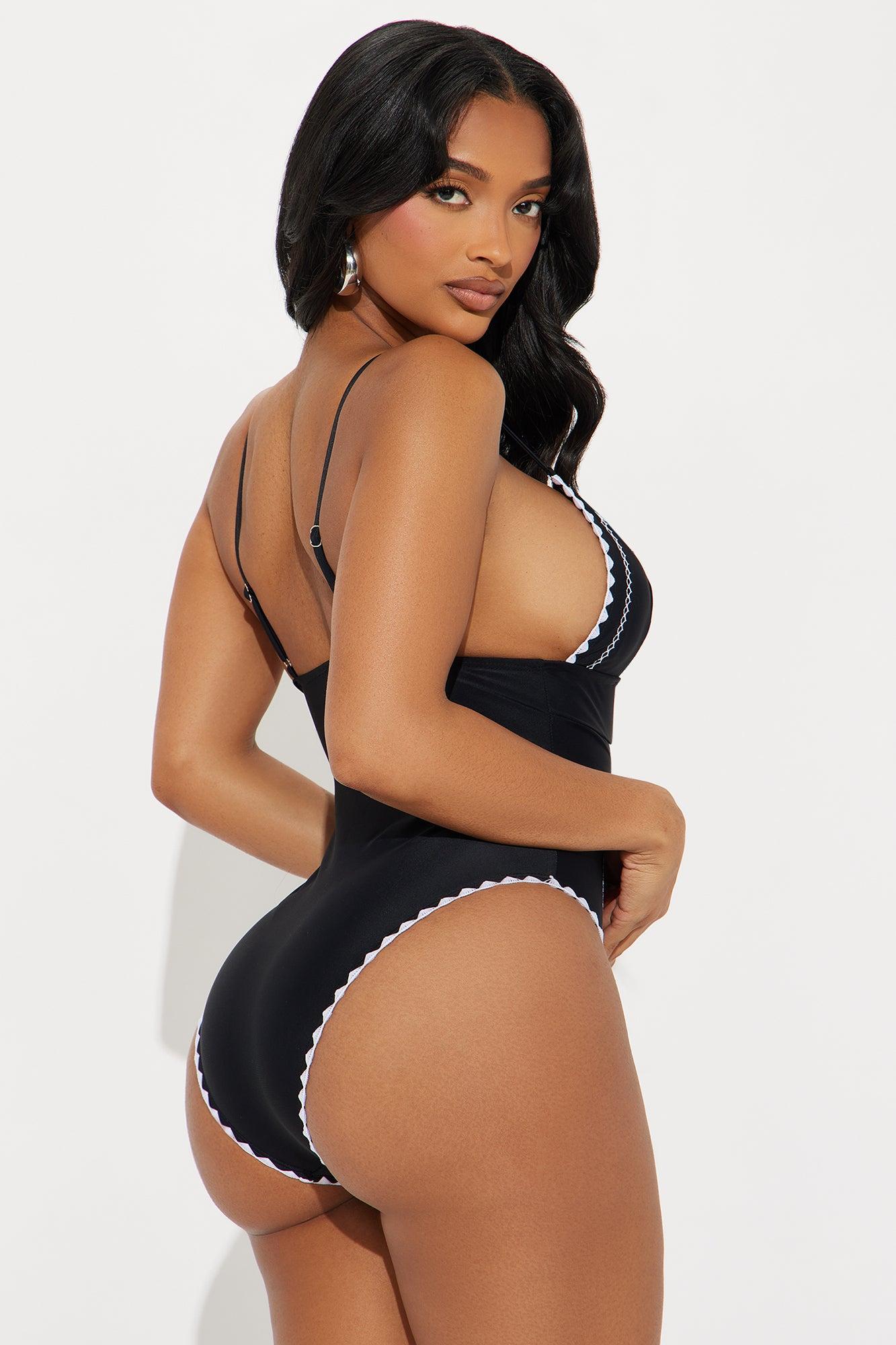 Summers On The Coast Contrast Threading 1 Piece Swimsuit - Black/White Product Image