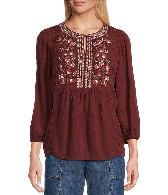 Nurture Gauze 3/4 Sleeve Keyhole Neck Embroidered Lace Square Yoke Top Product Image