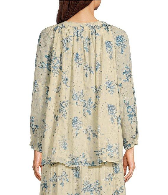 Talisman Bluebell Print Aquarius Button Front Split V-Neck Raglan Long Sleeve Top Product Image