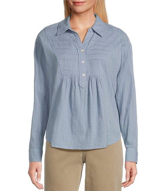 Westbound Petite Size Roll Tab 3/4 Sleeve Point Collar Henley Top Product Image