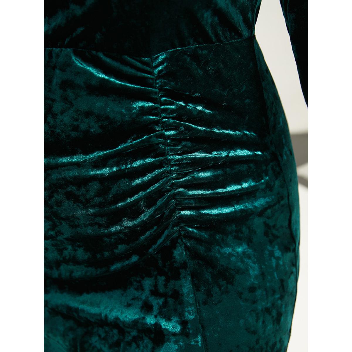 Plus Size Velvet Solid Ruched Long Sleeve Dress DarkGreen Women Glamour Gathered V-neck Long Sleeve Curvy Midi Dress BloomChic 18-20/2X Product Image