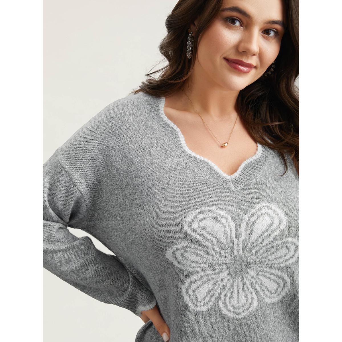 Plus Size Floral Print Jacquard V-Neck Pullover DarkGray Women Casual Loose Long Sleeve V-neck Everyday Pullovers BloomChic 10/M Product Image