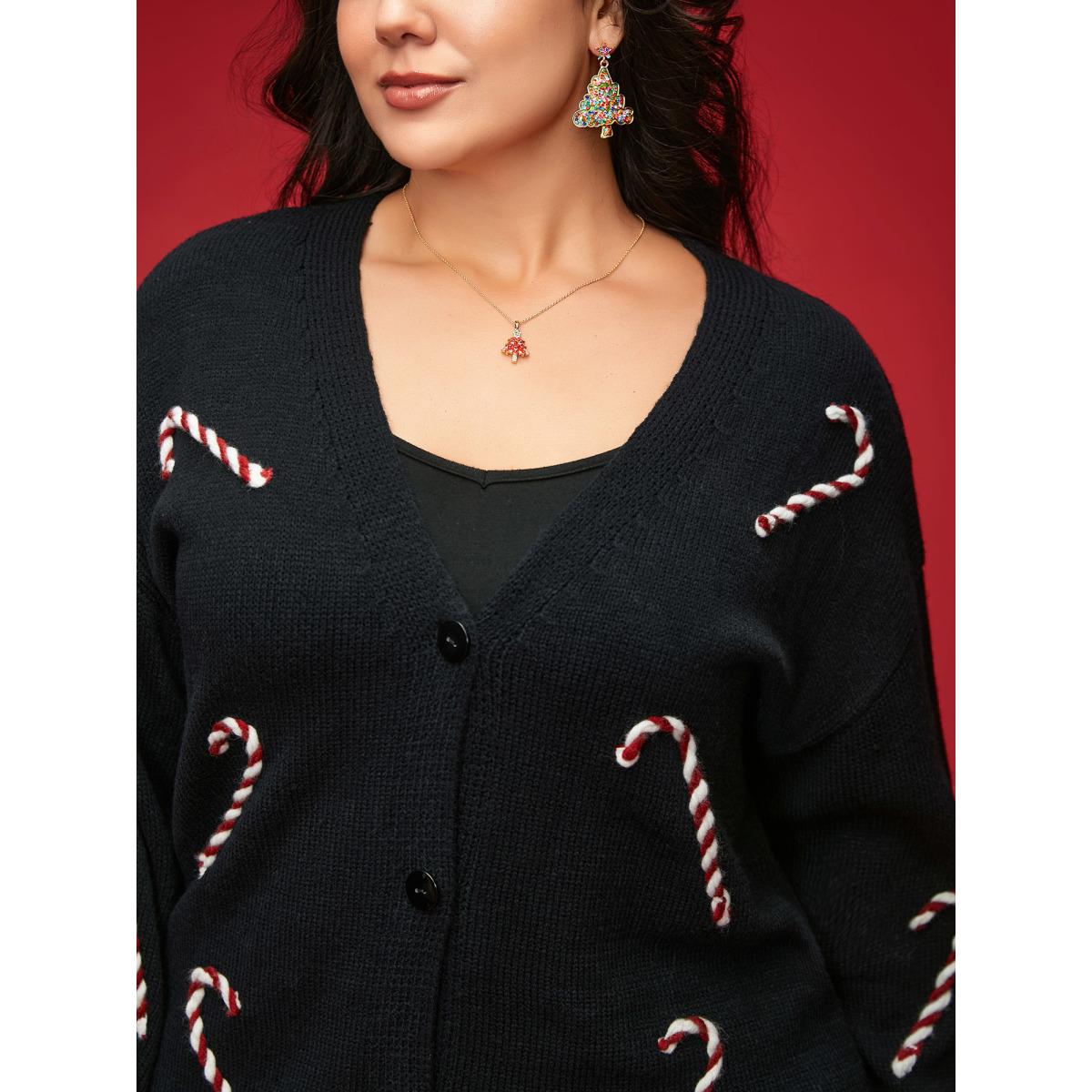 Plus Size Hand Crocheted Candy Cane V-neck Cardigan Black Women Casual Loose Long Sleeve Everyday Cardigans BloomChic 28/5X Product Image