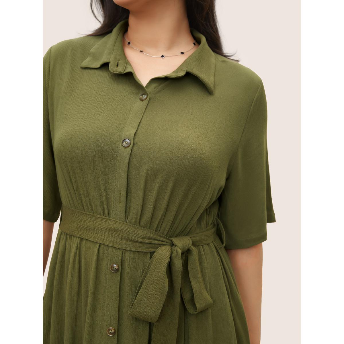 Belted Shirt Collar Button Plus Size Shirtdress Women Workleisure Plain Sleeve Short Sleeve Shirt Collar Pocket Workwear Long Dress BloomChic Product Image