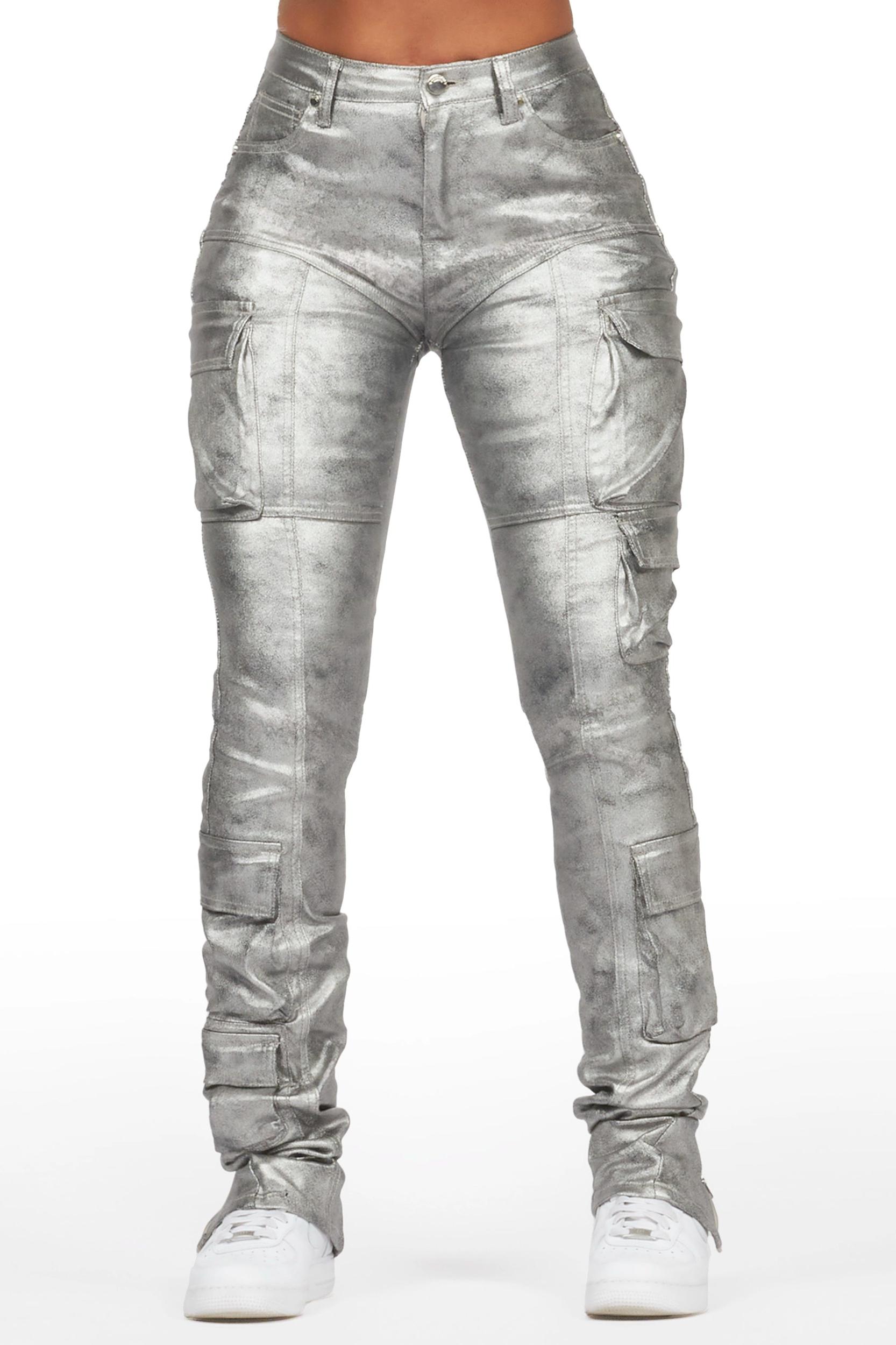 Teeoina Silver Coated Black Skinny Stacked PU Pant Female Product Image