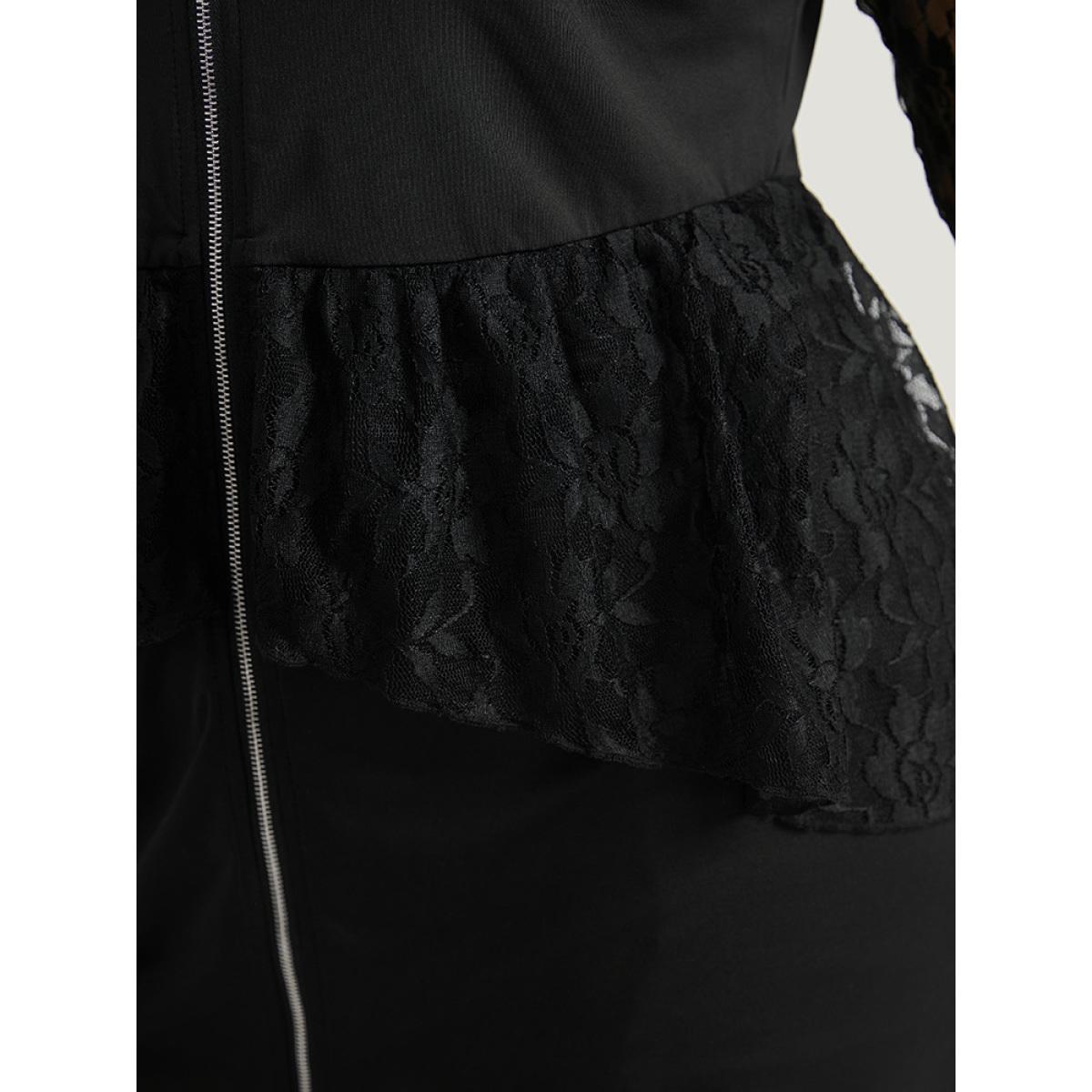 Plus Size Halloween Guipure Lace Zipper Fly Layered Dress Black Women Elegant See through V-neck Long Sleeve Curvy Knee Dress BloomChic 14-16/1X Product Image