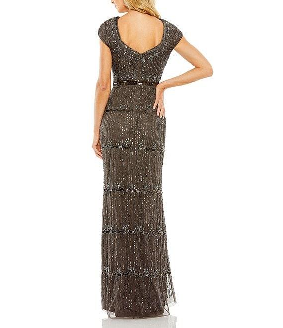 Mac Duggal Sweetheart Neck Cap Sleeve Teired Sequin Column Gown Product Image