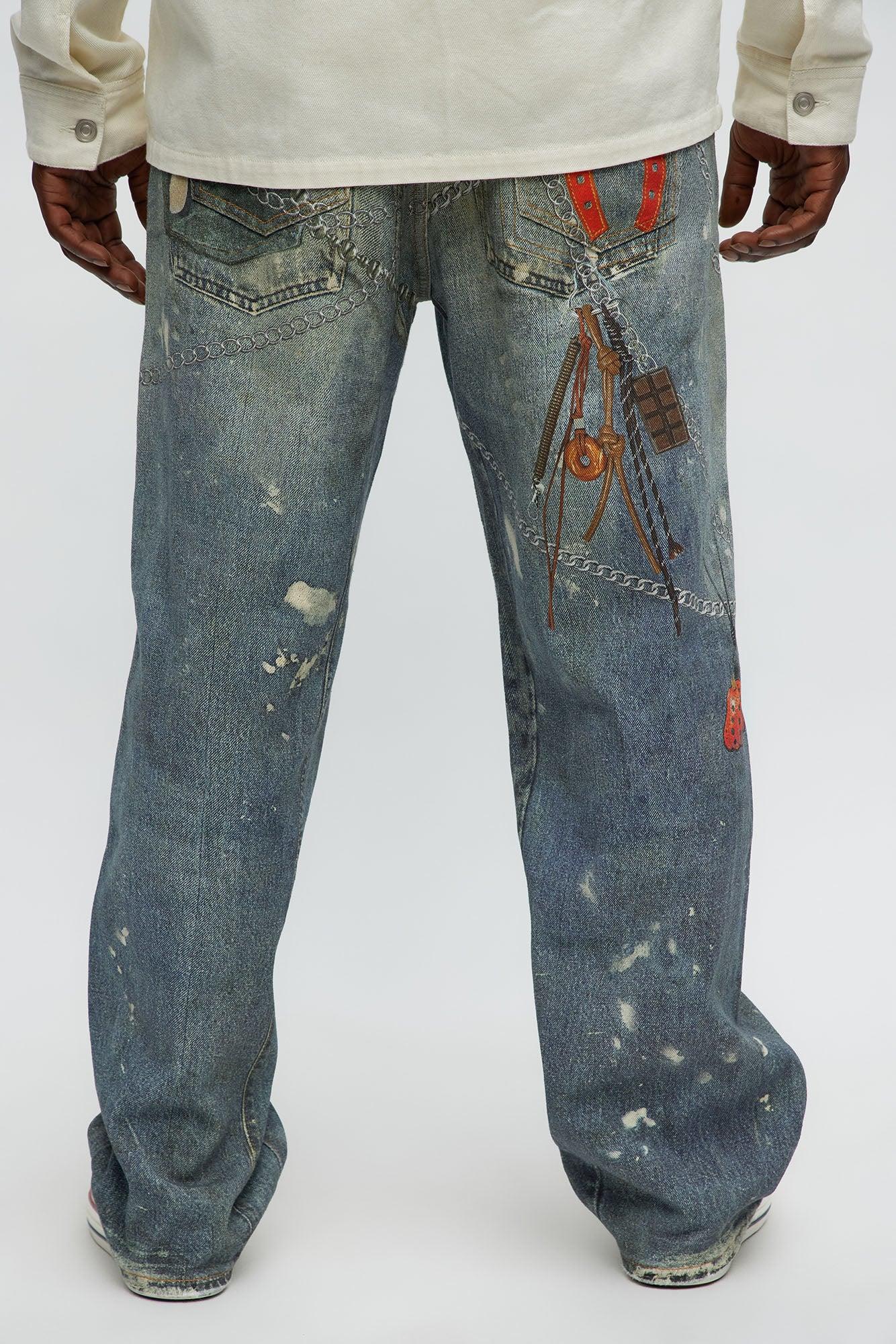 Baggy Rebel Printed Jeans - Medium Blue Wash Product Image