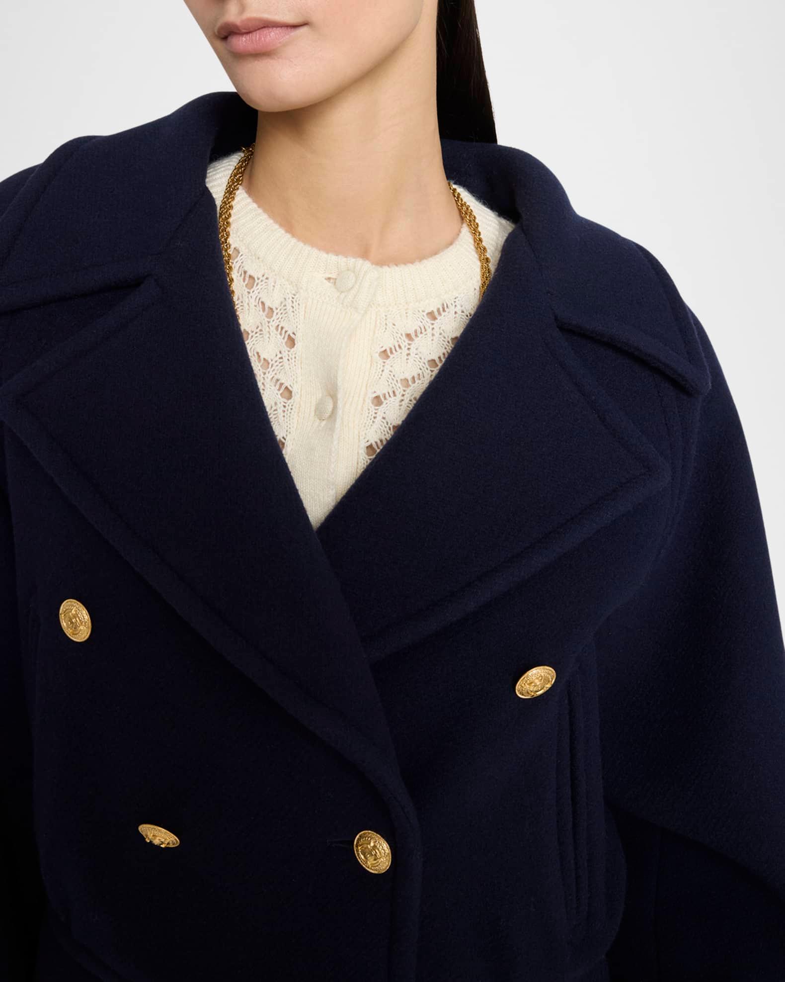 Faux-Fur Collar Double-Breasted Wool Bomber Jacket Product Image