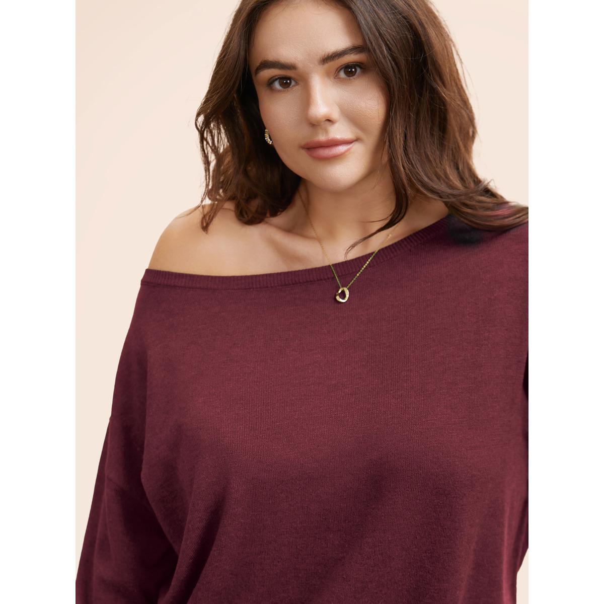 Plus Size Supersoft Essentials Boat Neck Drop Shoulder Pullover Deepred Women Elegant Long Sleeve Boat Neck Everyday Pullovers BloomChic 28/5X Product Image