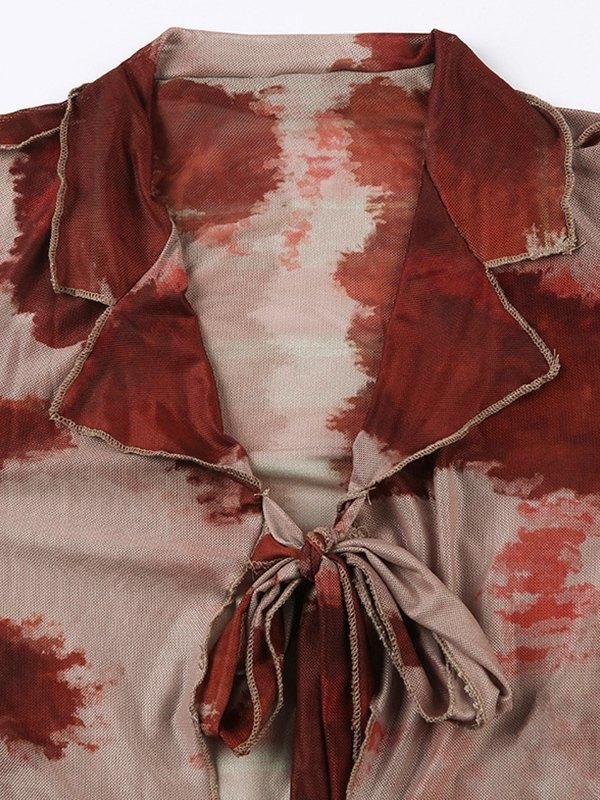 Tie Strap Mesh Cropped Long Sleeve Blouse Product Image