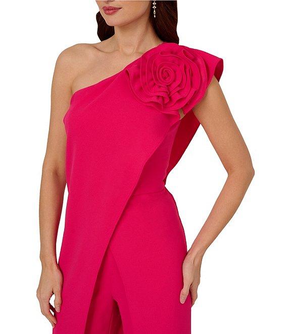 Adrianna Papell One Shoulder 3D Flower Applique Asymmetrical Walk Thru Crepe Jumpsuit Product Image