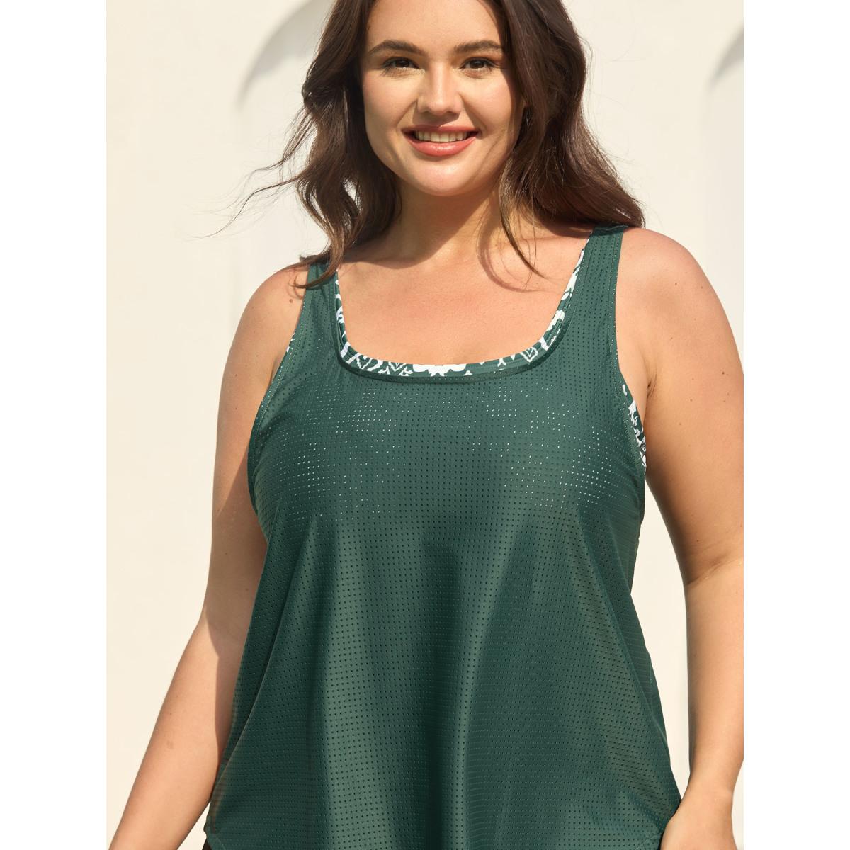 Plus Size Two-Piece Boho Print Swim Top Women's Swimwear DarkGreen Resort Cut-Out High stretch Bodycon U-neck Curve Swim Tops BloomChic 28/5X Product Image