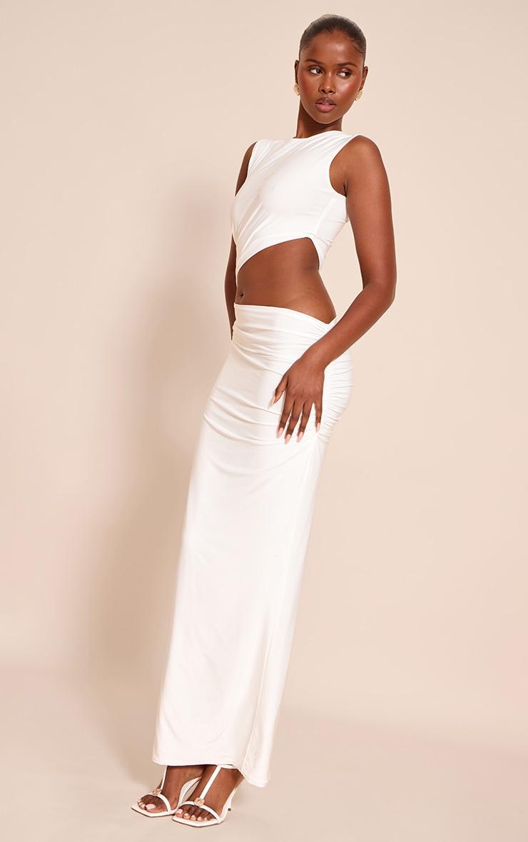  White Double Layer Slinky Cut Out Maxi Dress Product Image