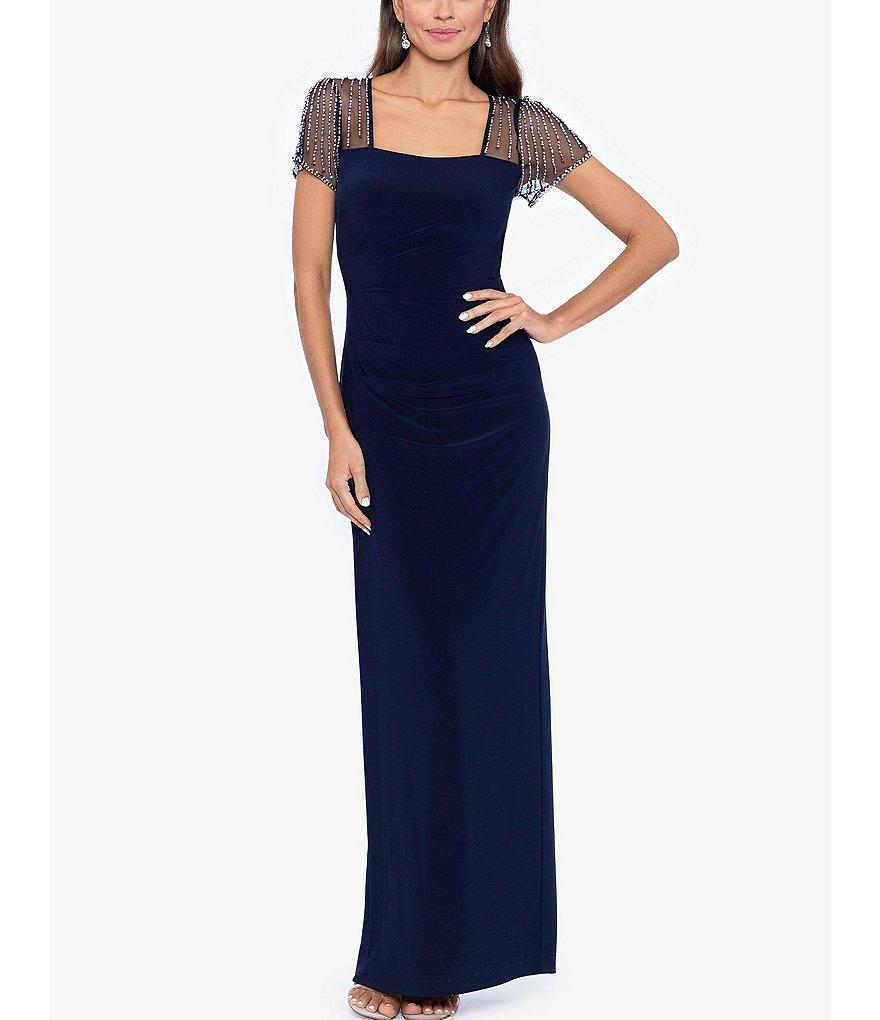 Betsy & Adam Square Neck Short Beaded Sleeve Open Back Gown Product Image