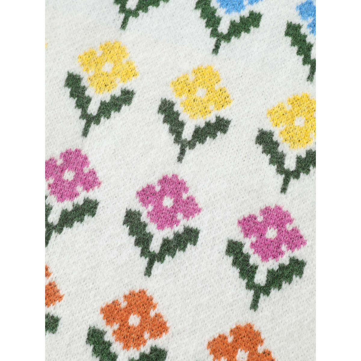 Plus Size Multicolor Jacquard Pattern Pullover Ivory Women Playful Loose Long Sleeve Round Neck Casual Pullovers BloomChic 12/L Product Image