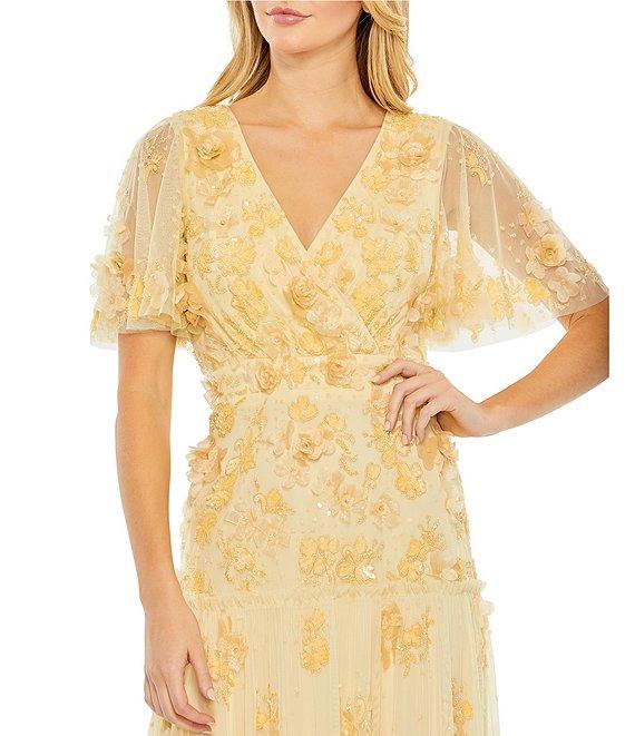 Mac Duggal 3D Floral Embellished Beaded Mesh V-Neck Flutter Sleeve A-Line Dress Product Image