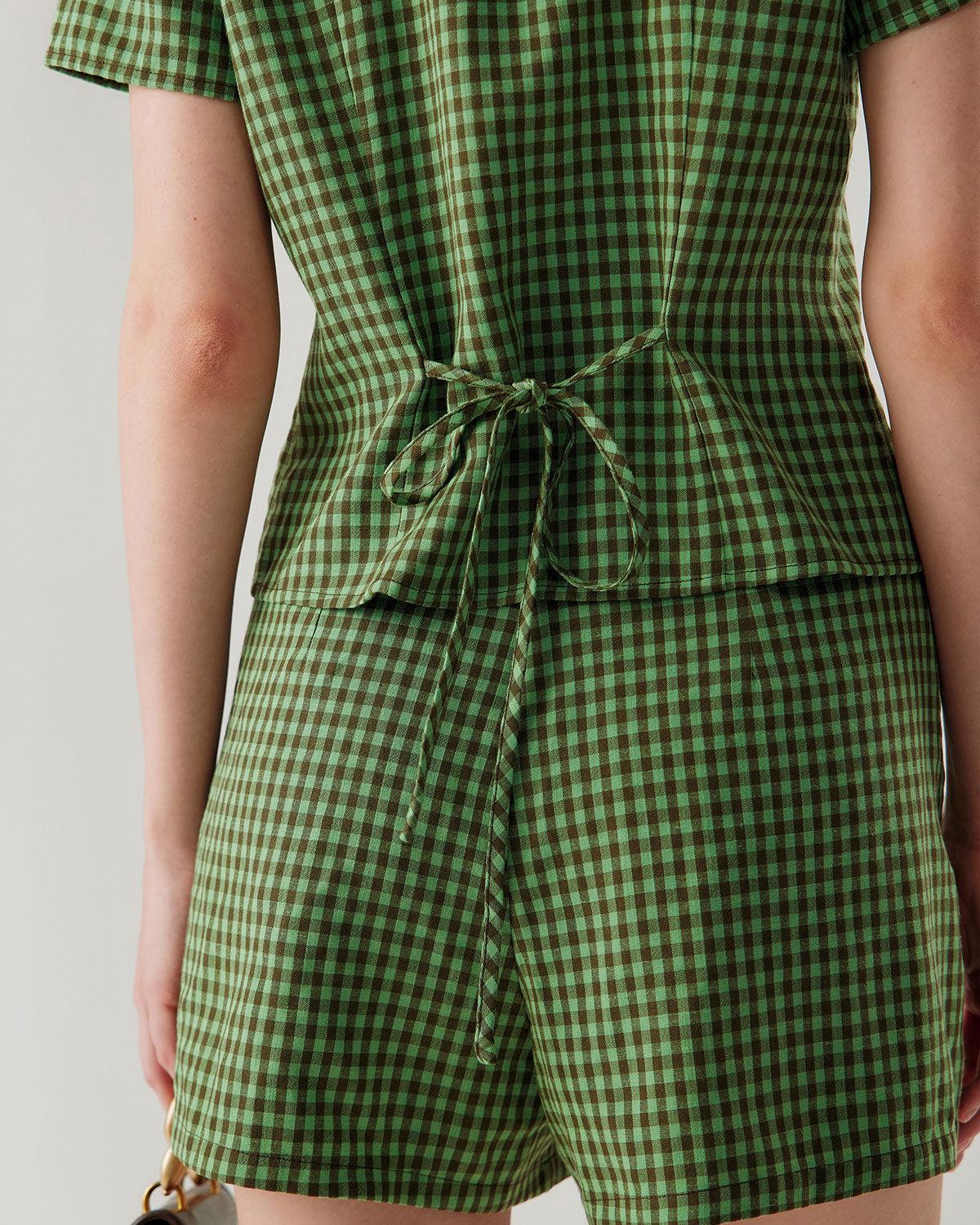 Green High Waisted Plaid Shorts Product Image