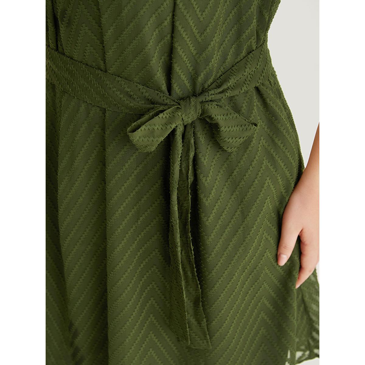 Plus Size Plisse Mesh Patchwork Belted Pleated Dress ArmyGreen Women Office Texture Round Neck Sleeveless Curvy Knee Dress BloomChic 28/5X Product Image