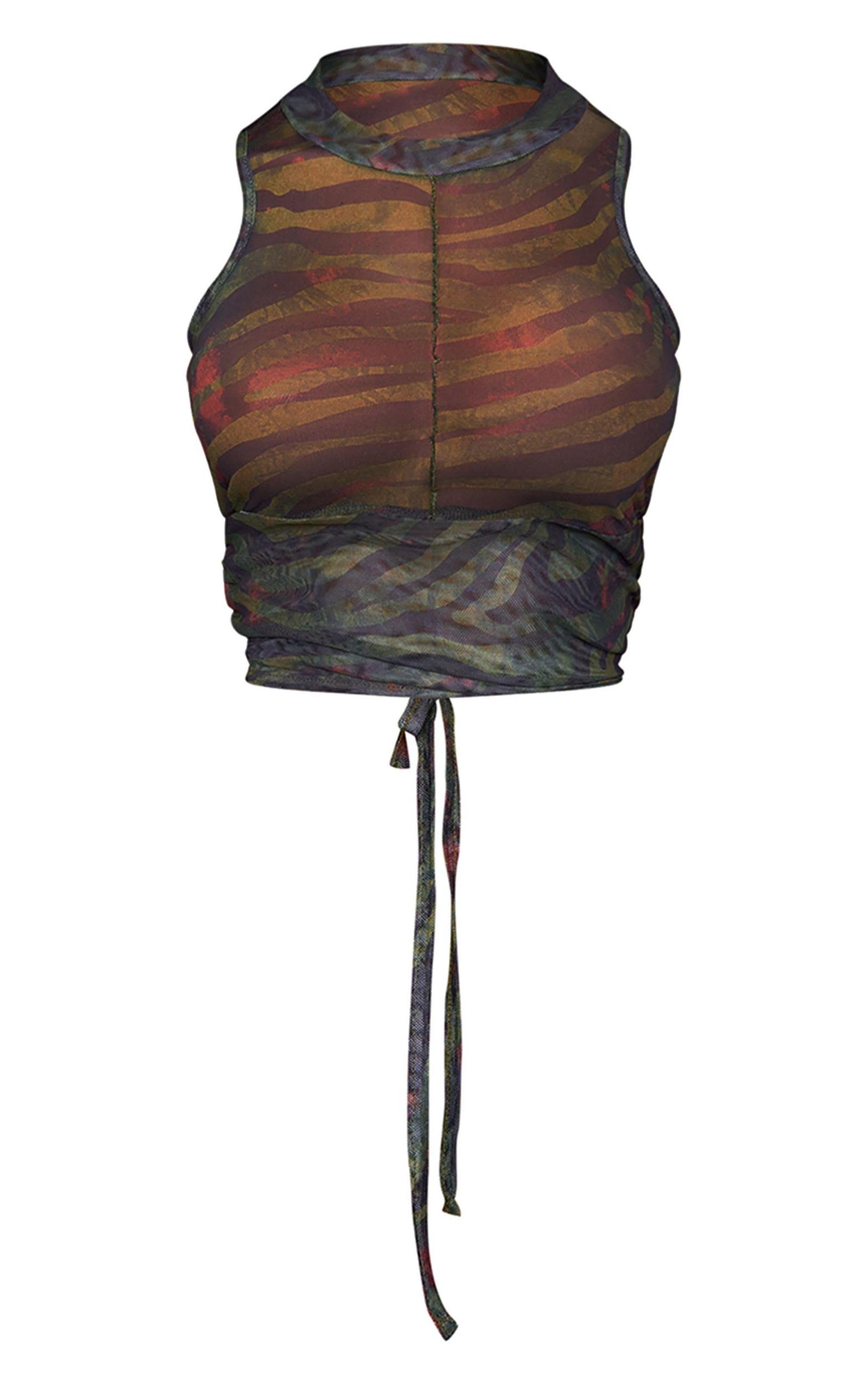 Green Mesh Printed Ruched Hem Top Product Image