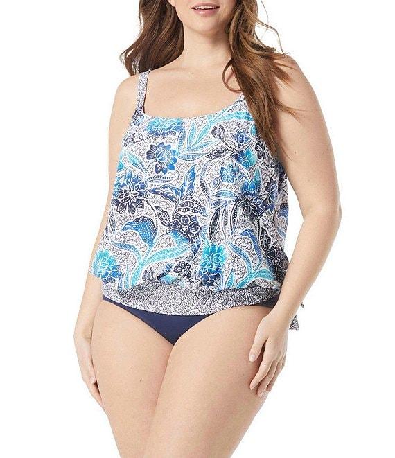 Beach House Plus Size Samoan Floral Side Tie Blouson Tankini Swim Top Product Image
