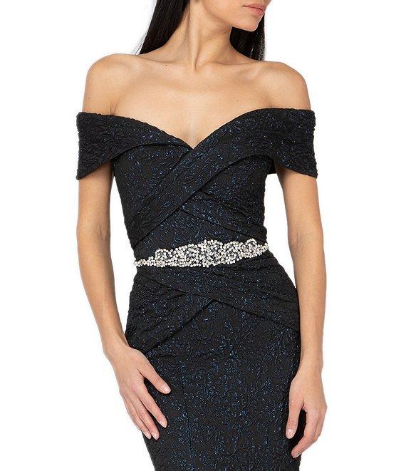 Terani Couture Off-the-Shoulder Short Sleeve Brocade Embellished Belt Mermaid Gown Product Image