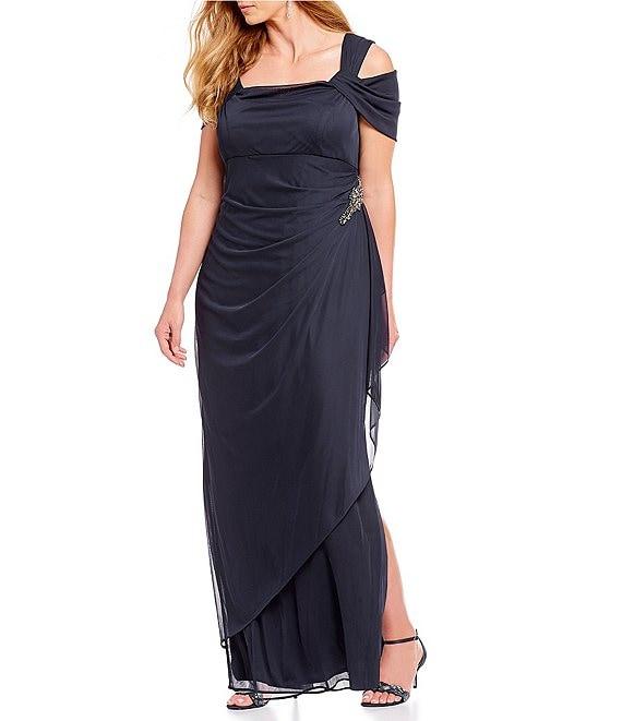 Alex Evenings Plus Size Short Sleeve Cold Shoulder Scoop Neck Overlay Cascade Skirt Stretch Mesh Gown Product Image