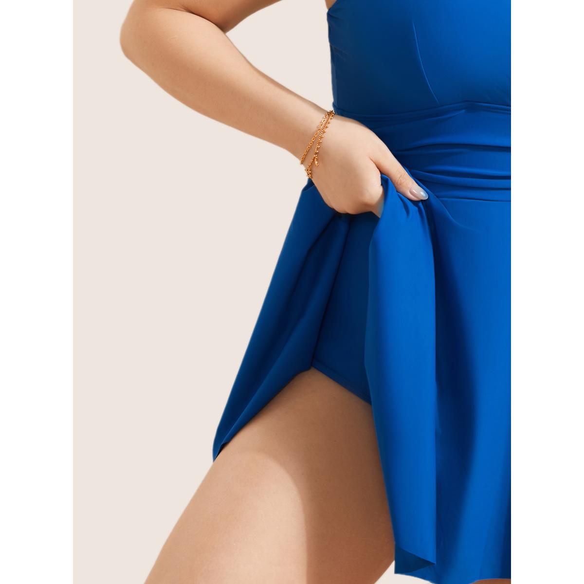 Plus Size Solid Ruffle Hem Empire Waist Halter Neck Swim Dress Women's Swimwear RedViolet Resort Bodycon Halter neck High stretch Curve Swim Dresses BloomChic 12/L Product Image