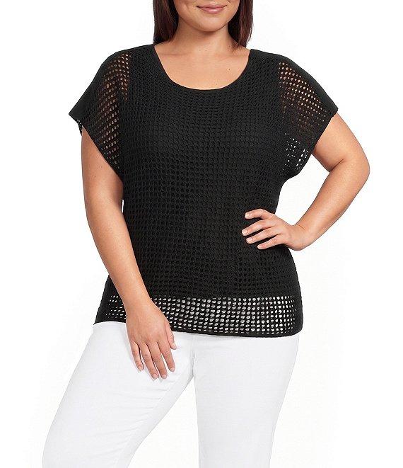 Investments Plus Size Short Sleeve Crew Neck Open Stitch Top Product Image
