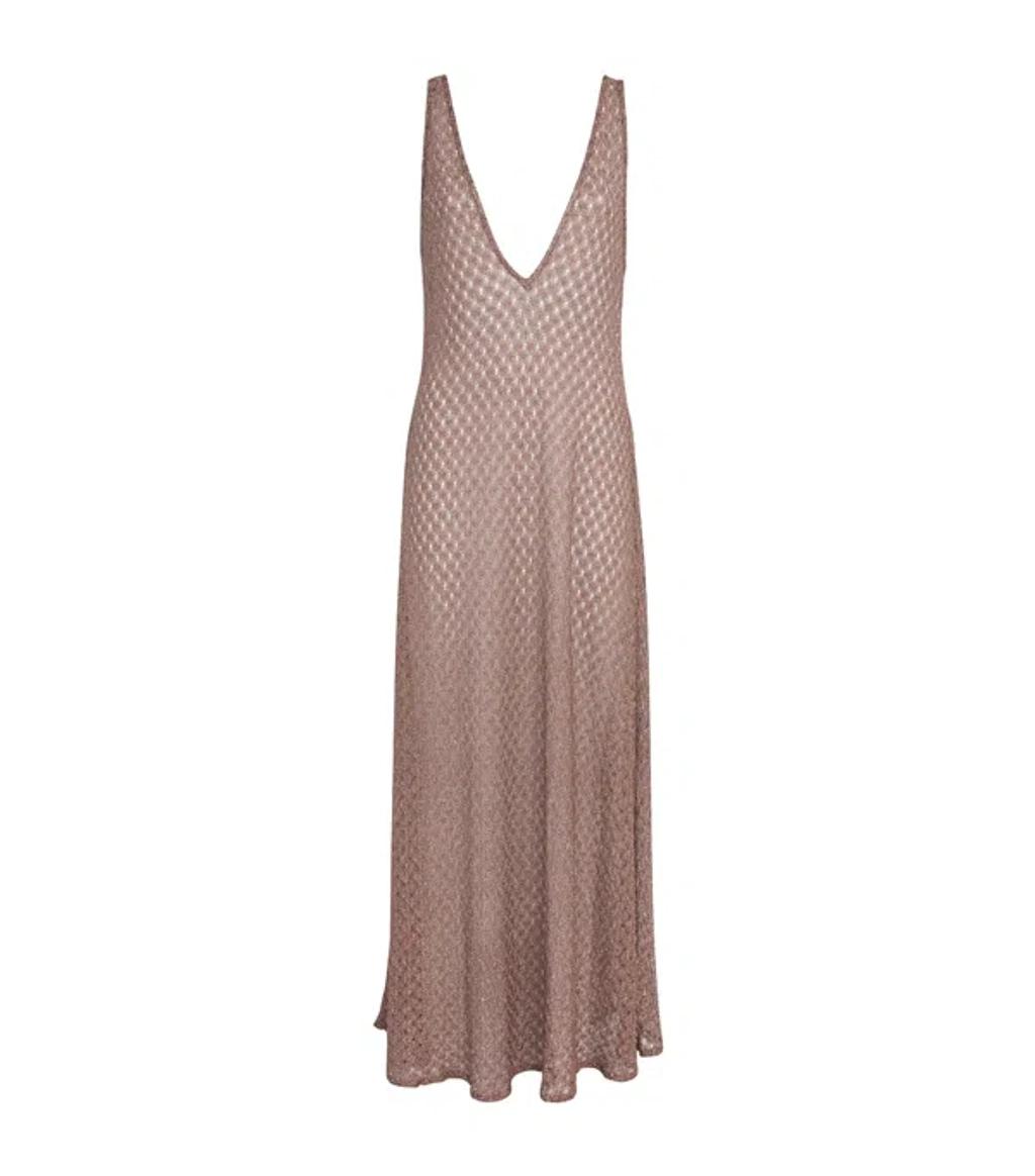 MISSONI Open Knit V-neck Knitted Dress In Brown Product Image