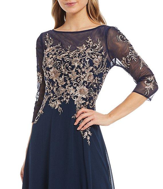 Betsy & Adam Embroidered Bodice Boat Neck 3/4 Sleeve Chiffon Gown Product Image