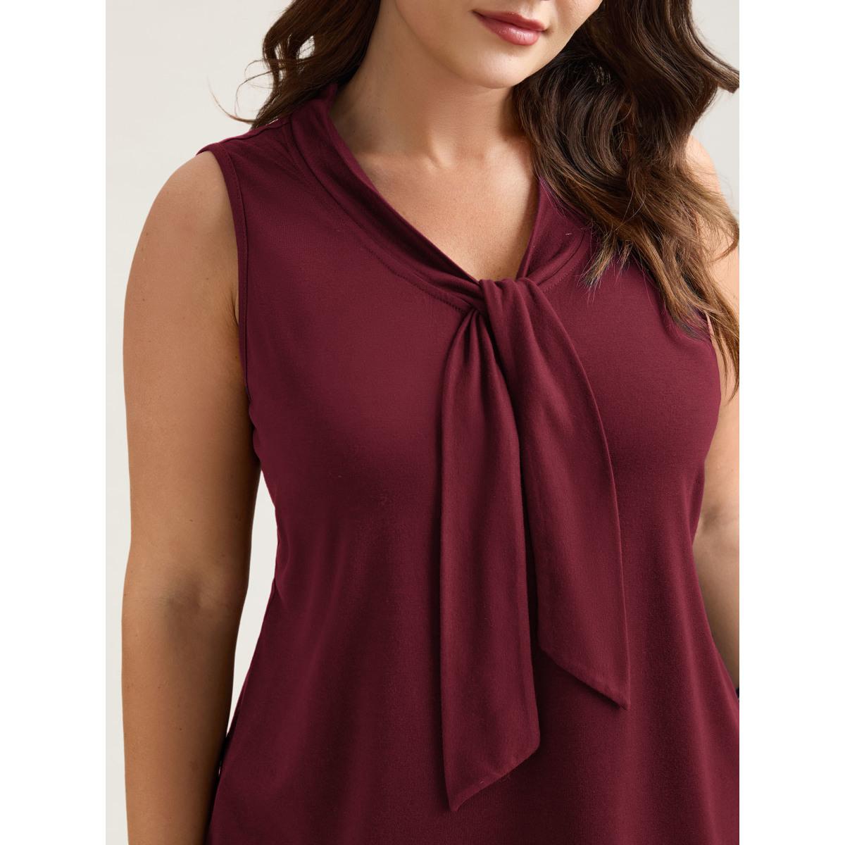 Plus Size Knotted Neckline Fitted Sleeveless Blouse Women Burgundy At the Office Non Ribbon-tied collar Work Tank Tops Camis BloomChic 28/5X Product Image