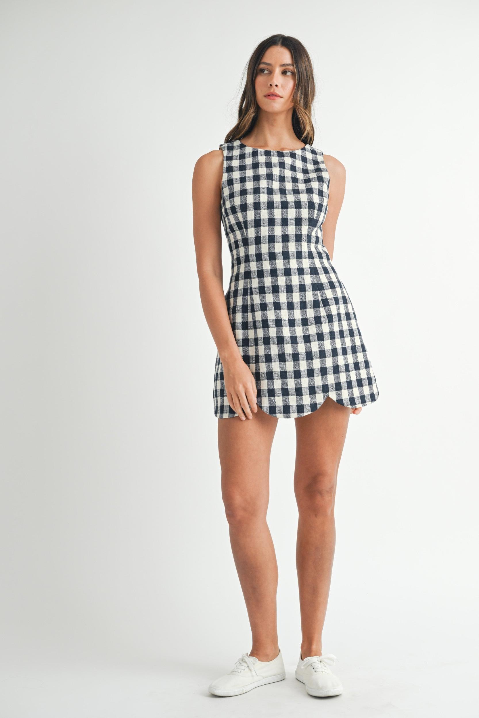 Gingham Scallop-Hem Mini Dress Product Image