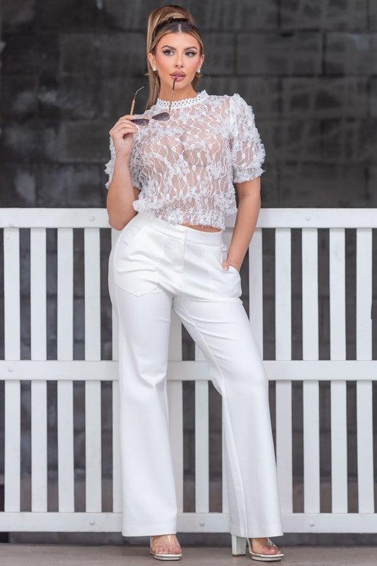 3D White Floral Mesh Puff Sleeve Blouse Product Image