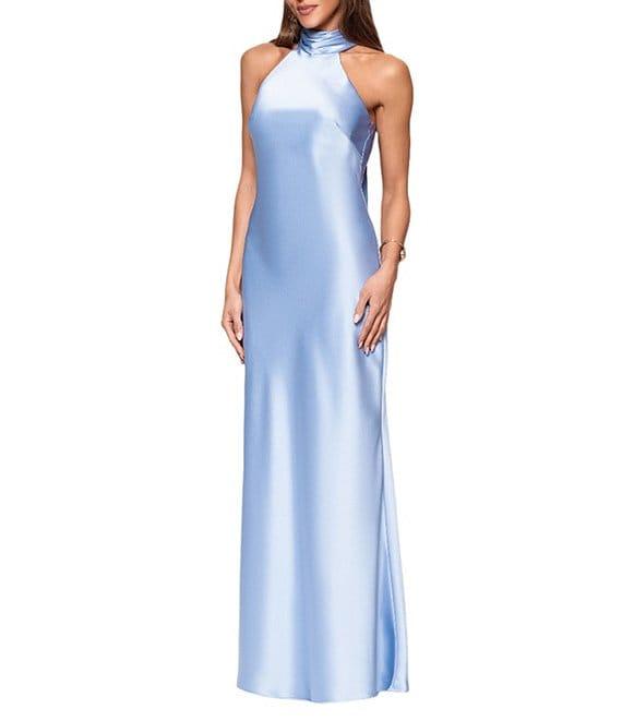 Xscape Satin Halter Neck Sleeveless Sheath Gown Product Image
