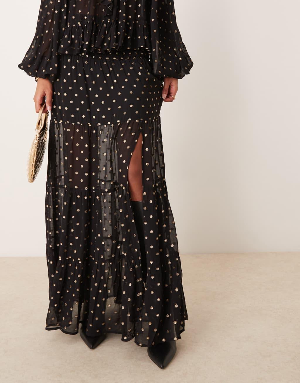 ASOS DESIGN Curve metallic dot maxi skirt in black & gold Product Image