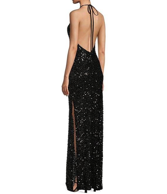 Morgan & Co. Clustered Beaded Sequin Halter Tie Neck Dress Product Image
