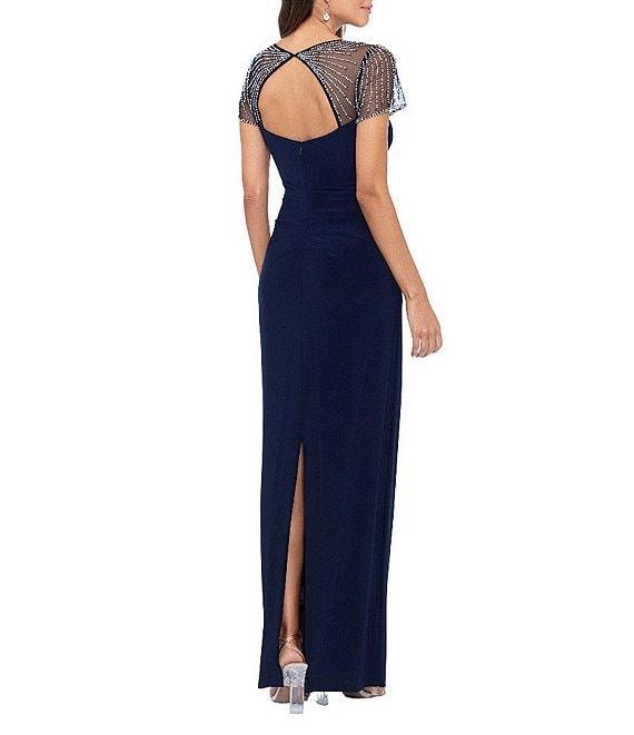 Betsy & Adam Square Neck Short Beaded Sleeve Open Back Gown Product Image