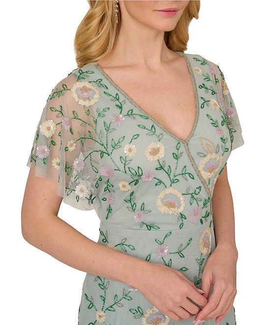 Adrianna Papell V-Neck Flutter Sleeve Floral Beaded Mesh Hi-Lo Gown Product Image