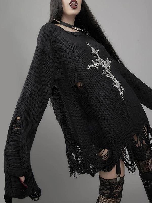 Cross Print Cutout Tattered Design Sweater Product Image