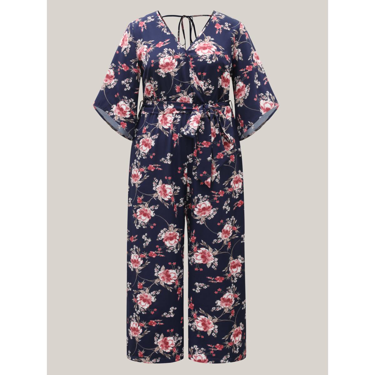 Plus Size DarkBlue Large Flower Pattern Pockets Belted Jumpsuit Women Elbow-length sleeve Overlap Collar Everyday-Elegant Loose Jumpsuits BloomChic 14-16/1X Product Image
